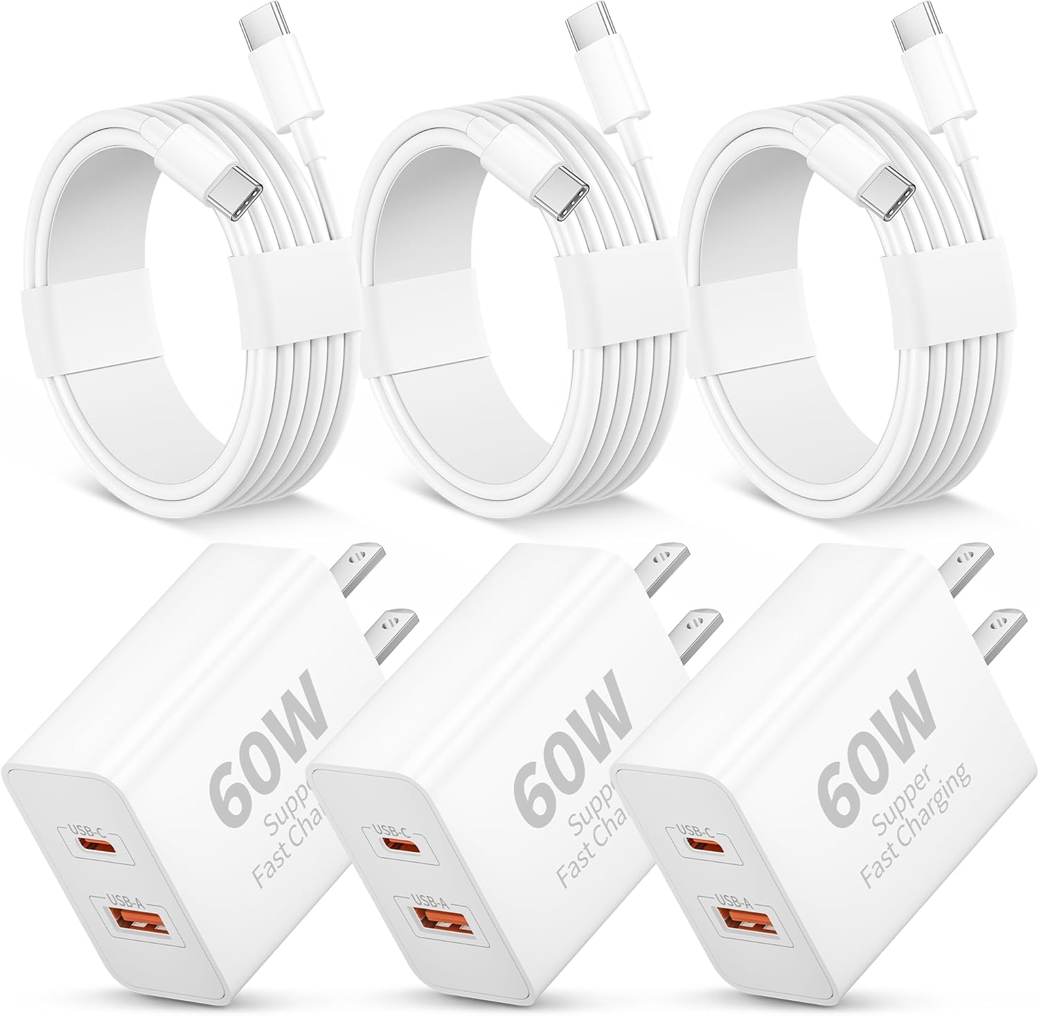 iPhone 17e/17/17 Pro Max Charger, 3 Pack 60W Super Fast Charging Dual Port USB C Wall Charger Block with 3FT USB-C Cable Cord for iPhone 17/17 Pro Max/Air/17e/ 16/15/Pro/Plus, iPad Pro 13/12.9/11 inch