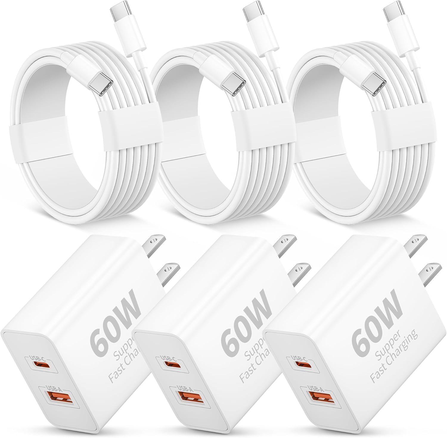 iPhone 17/17 Pro Max/17e Fast Charger, 3 Pack 60W Super Fast Charging Dual Port USB C Wall Charger Block with 6FT USB-C Cable Cord for iPhone 17/17 Pro Max/Air/ 17e/16/15/Pro/Plus, iPad Pro 13/12.9/11