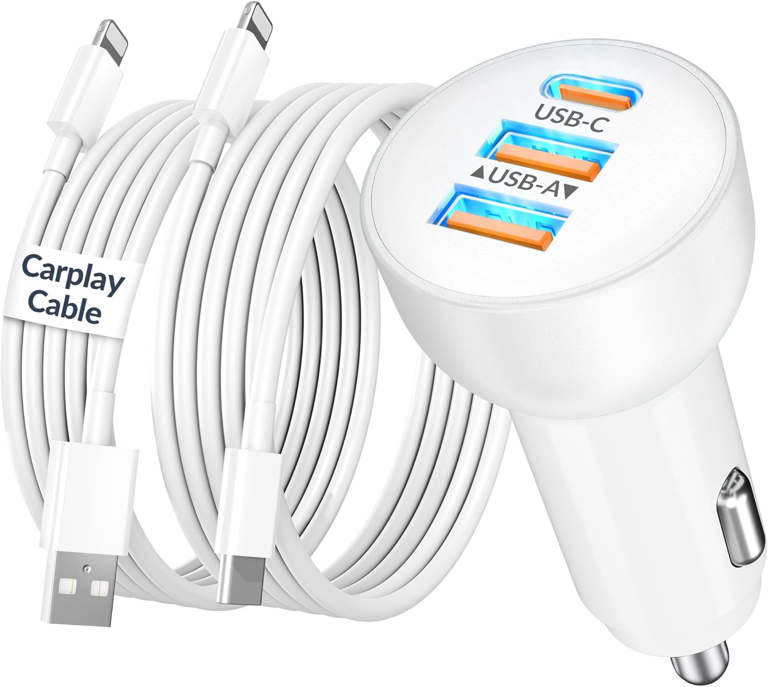 3-Port 70W Fast Car Charger for iPhone 14 13 12 11 Pro Max Plus Mini SE XR XS X 8 7 6, iPad, 2Pack USB Carplay Cord &Lightnings Charging Cable and USB-C&A Car Charger Adapter Cigarette Lighter