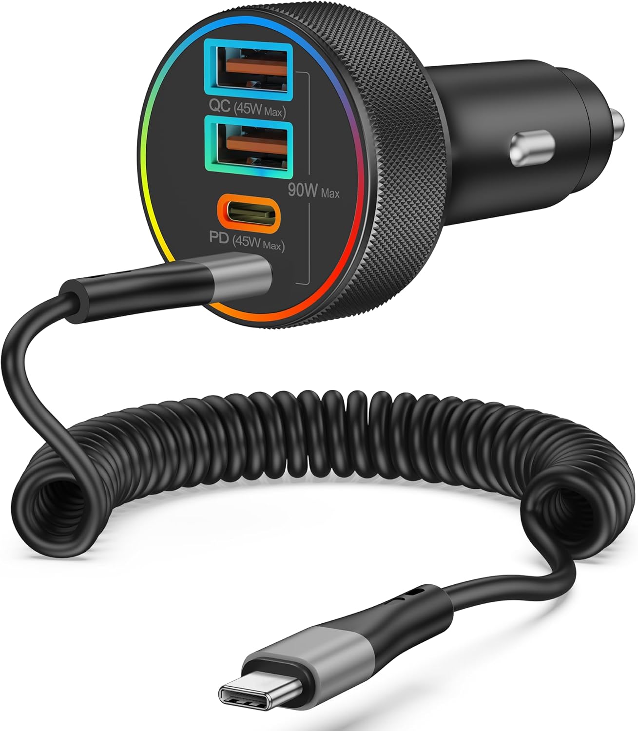 90W 4-Port Super Fast USB C Car Charger + 6FT Coiled Cable for iPhone 17/17 Pro Max Air/16/16e/15 Pro Max/Plus, Samsung Galaxy S25/S24, Android, USBC Car Phone Charger Cigarette Lighter Adapter