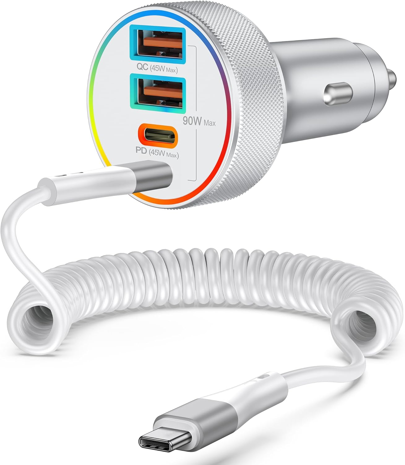 Car Charger USB C, 90W 4-Port Super Fast Charging Type C Car Phone Charger Truck Accessories Adapter with 6FT Coiled USBC Cable for iPhone 17/Air/16e/16/15 Pro Max/Plus, iPad, Samsung, Android