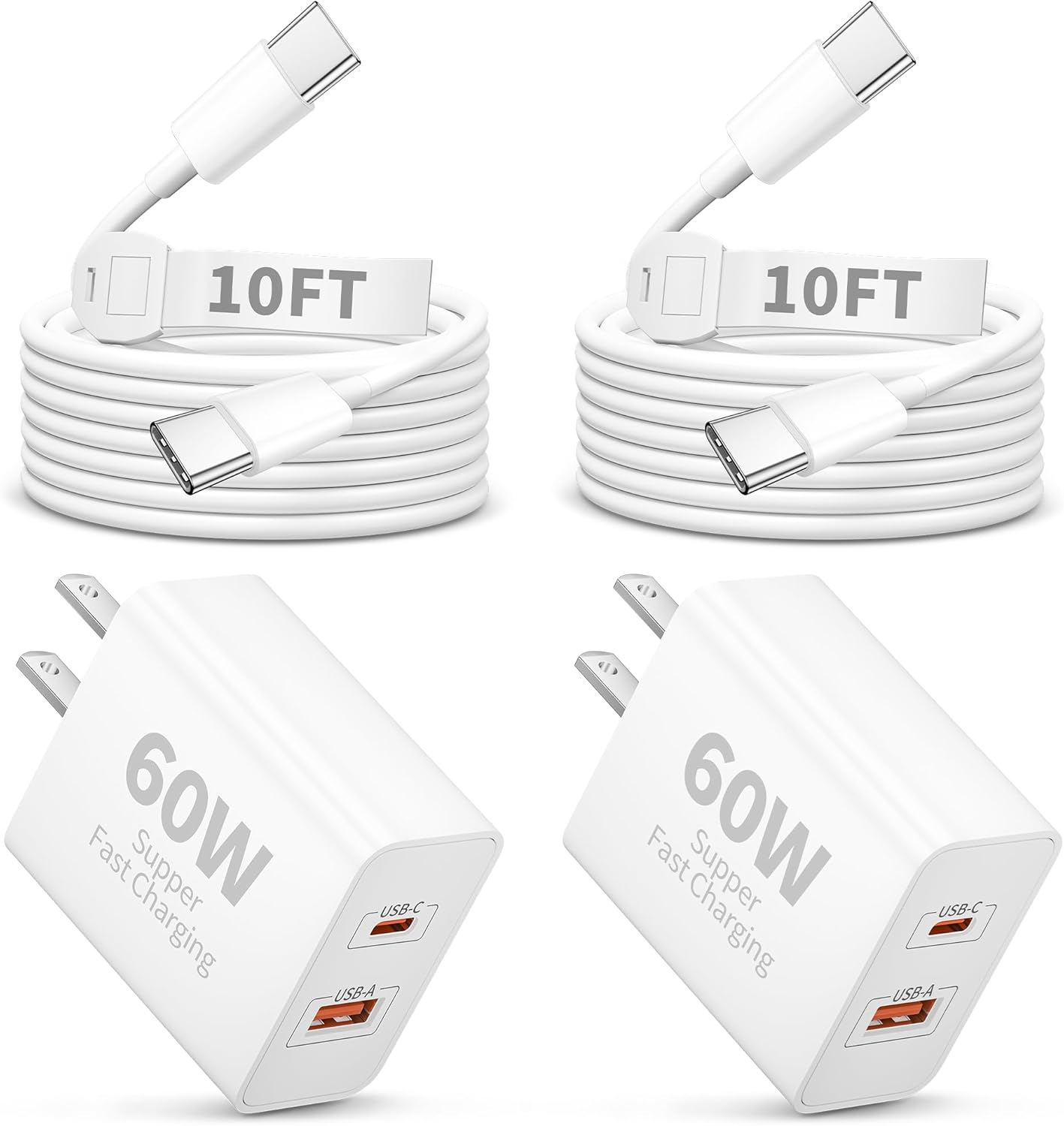 60W Dual-Port Super Fast Charger for iPhone 17/17 Pro Max/Air/16/16 Pro/15/15 Pro Max/Plus Fast Charging, 2-Pack USB C Wall Charger Block Plug Cube with 10FT Long Type-C Cord for iPhone 17/16/15, iPad