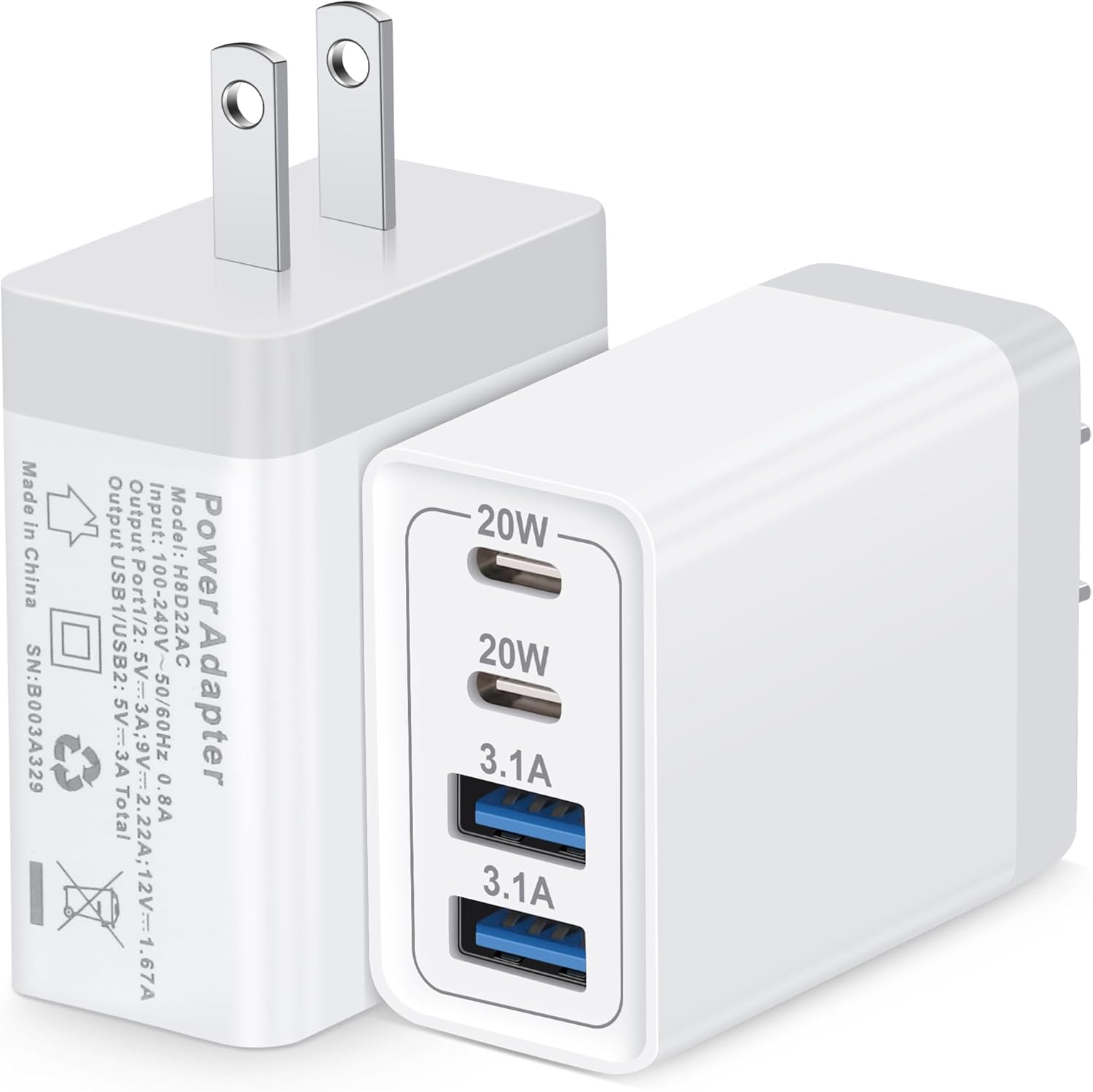 USB C Charger Block, 4-Port 40W Dual USB-C & USB-A Wall Charger Fast Charging PD Power Adapter Plug Brick for Apples iPhone 17 17Air 16 15 14 13 12 Pro Max, iPad, Pixel 10/9/8, Galaxy, Android, 2Pack