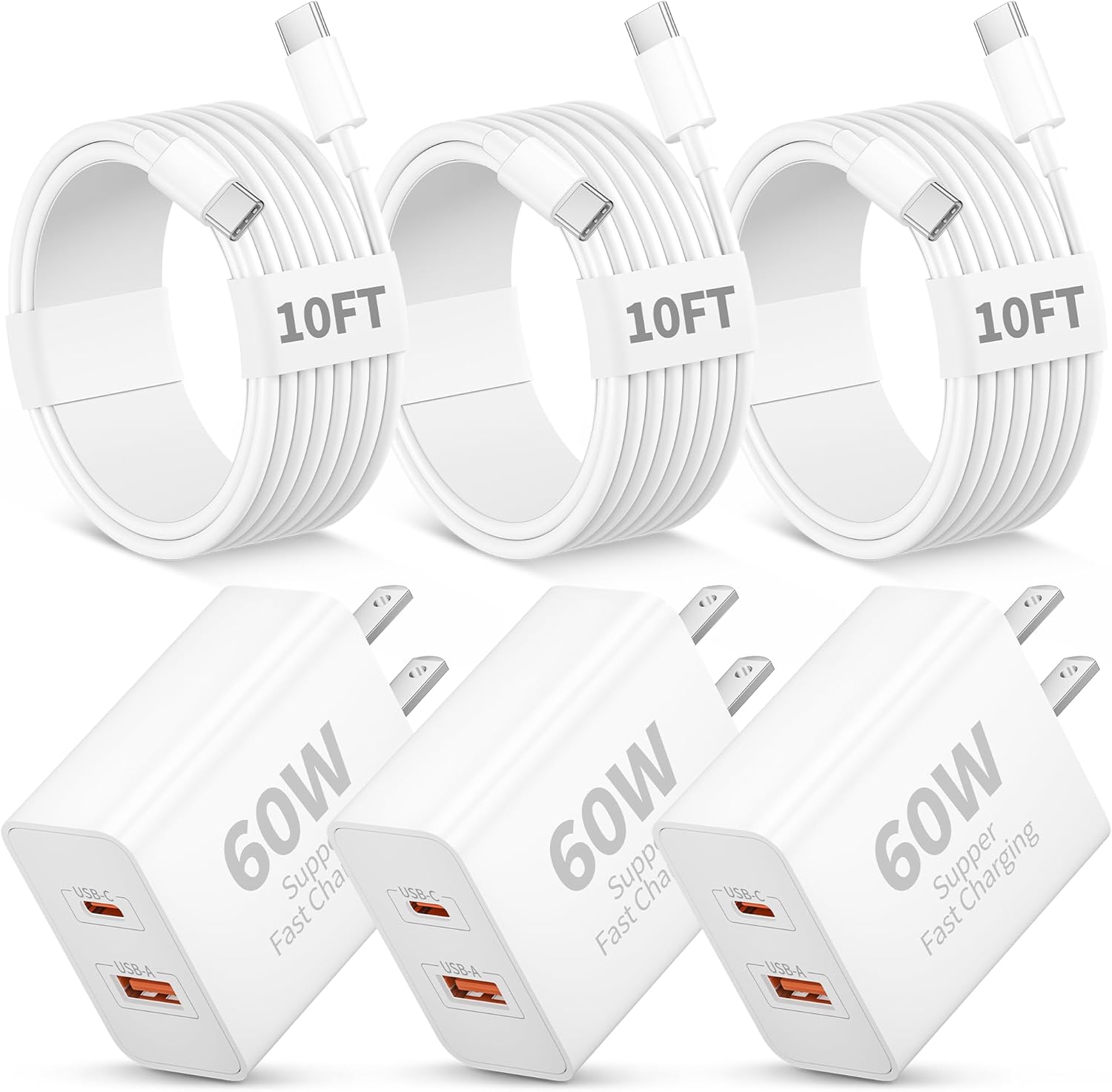 iPhone 17 16 15 Pro Max Charger Fast Charging, 3 Pack 60W Dual Port USB C Wall Charger Block with 10FT Long Type C Charging Cable Cord for iPhone 17/17 Pro Max/Air/16/15/Plus/Pro Max, iPad, AirPods